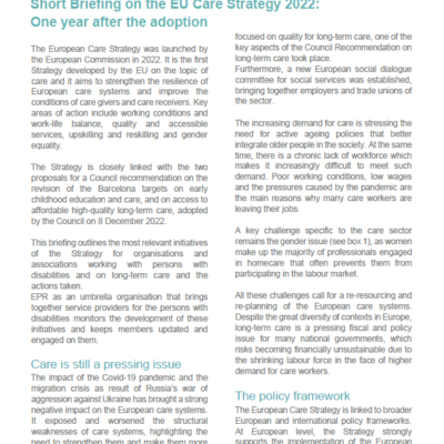 Short Briefing on the EU Care Strategy 2022: One year after the adoption